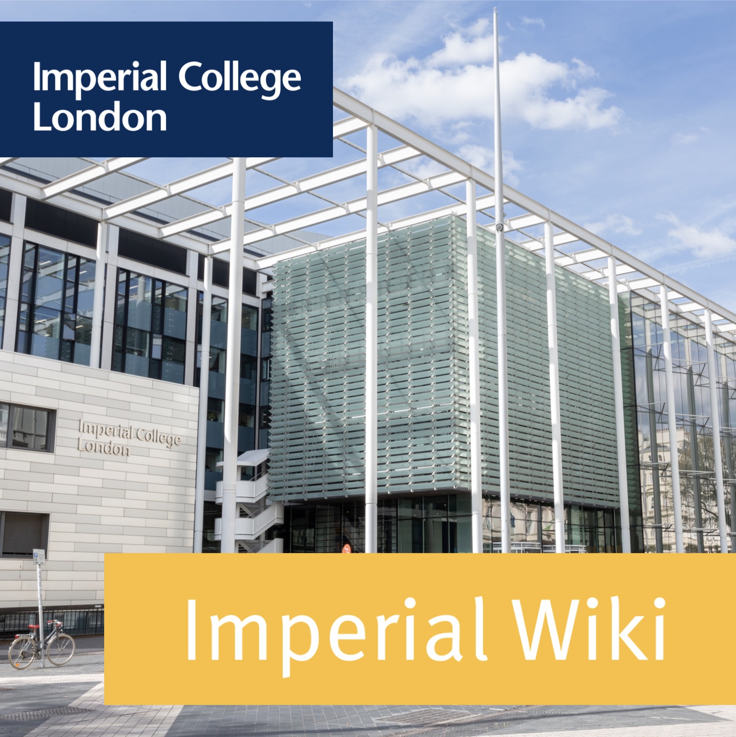 Imperialwiki logo with the Imperial College main entrance as background