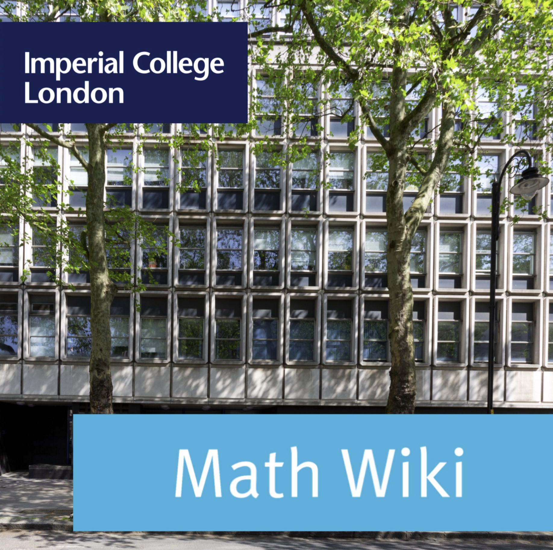 MathsWiki logo with the Imperial College Huxley building as background
